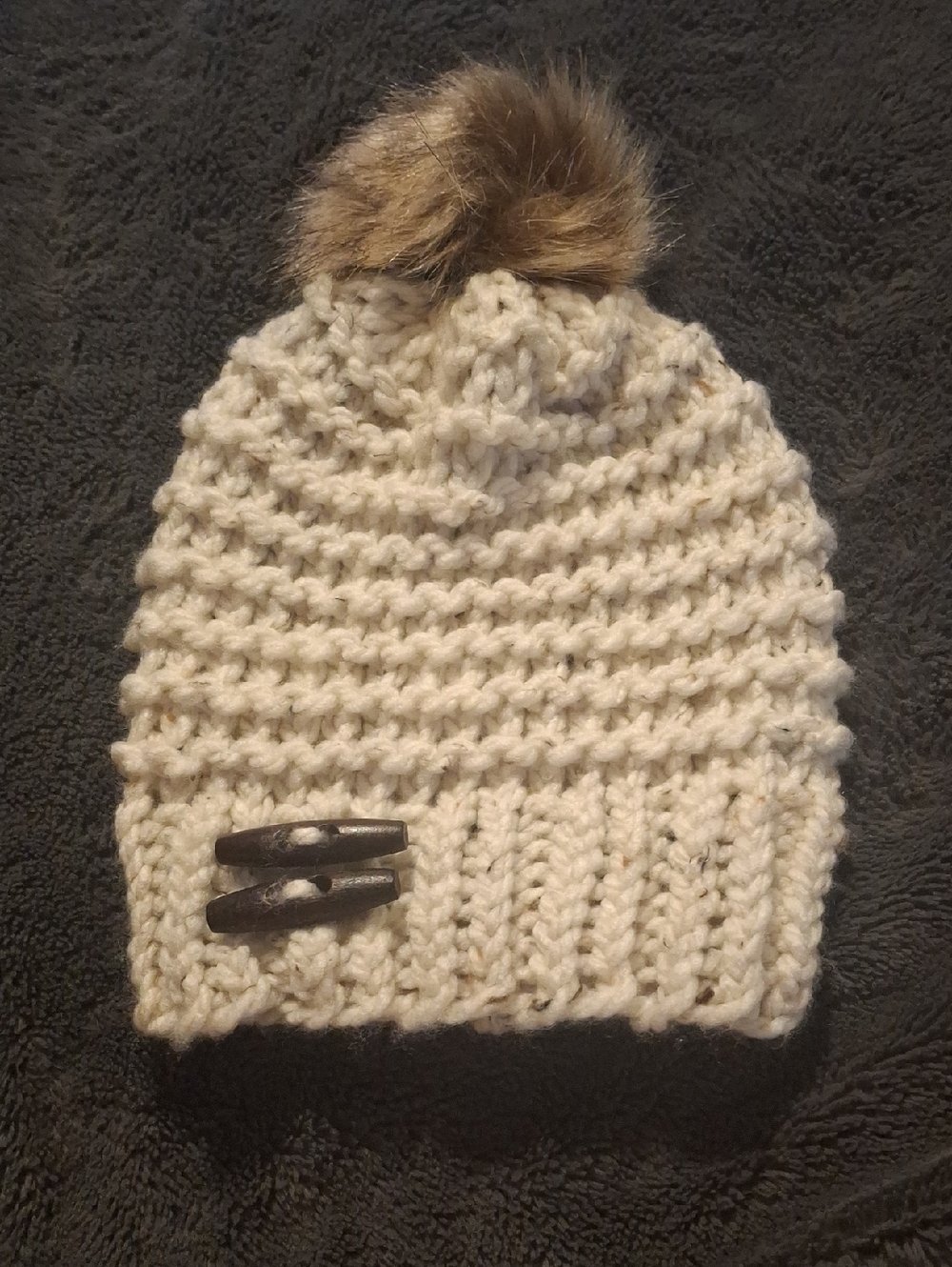 Handknit Cream Winter Hat With Faux Fur Pompom